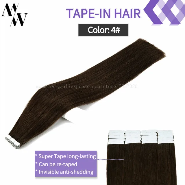 MW Double Drawn Remy Tape In Human Hair Extensions 100% Real Skin Weft Adhesive Glue On Seamless Natural Hair 16/20/24 Inches #4