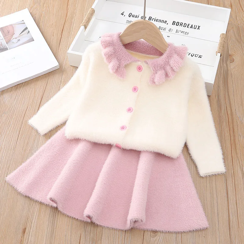 Bear leader/платье для девочек новое Брендовое платье принцессы свитер с рисунком+ платье трапециевидной формы платья для девочек милая детская одежда, 2 предмета - Цвет: pink ax1245