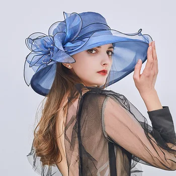 

New Lace Ladies Floppy Bucket Hat Luxury Women Summer Caps Organza Brim Sun Hats Wide Brim Derby Wedding Church Fascinator cap