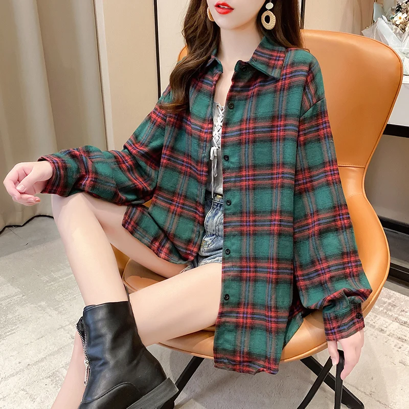 

Classic Plaid Famous Shirt Women Turn Down Collar Casual Fashion Female Blouse Long Sleeve Oversized Lady Tops Blusa Feminina