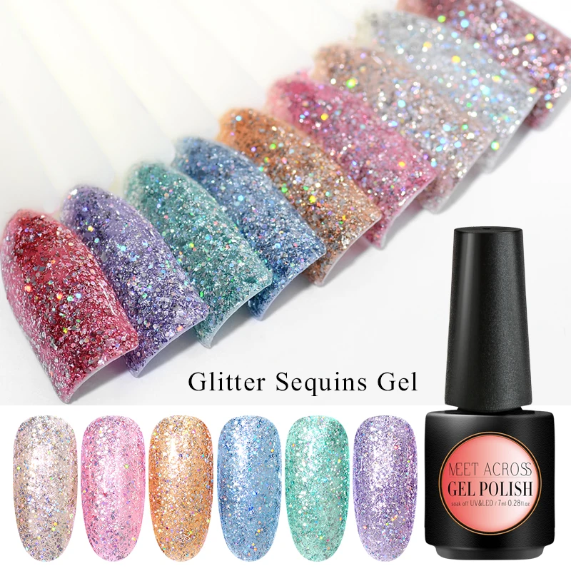 

MEET ACROSS Holographic UV Gel Nail Polish Glitter Sequins Soak Off UV Gel Varnish Color Nail Gel Shiny DIY Nail Art Lacquer