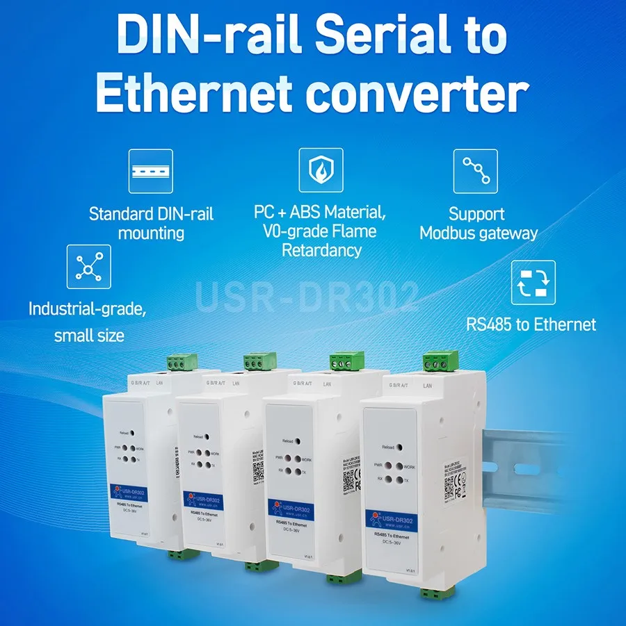 USRDR302 Din Rail Serial RS485 to TCP IP Server Module