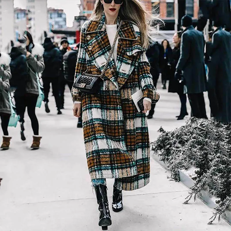 Coat Female Autumn Winter Woolen Plaid Pattern Coats Long Sleeve Coat Casual Thick Warm Wool Jacket Female Outwear