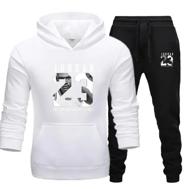 Горячее предложение, брендовый спортивный костюм, модный JORDAN 23, мужская спортивная одежда, комплект из двух предметов, хлопковая флисовая Толстая Толстовка с капюшоном+ штаны, спортивный мужской костюм - Цвет: whiteblack