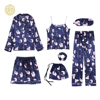 

7 Pcs/Set Women Casual Pyjama Set Spring Sexy Long Sleev Ice Silk Sling Homewear Sets DWH5