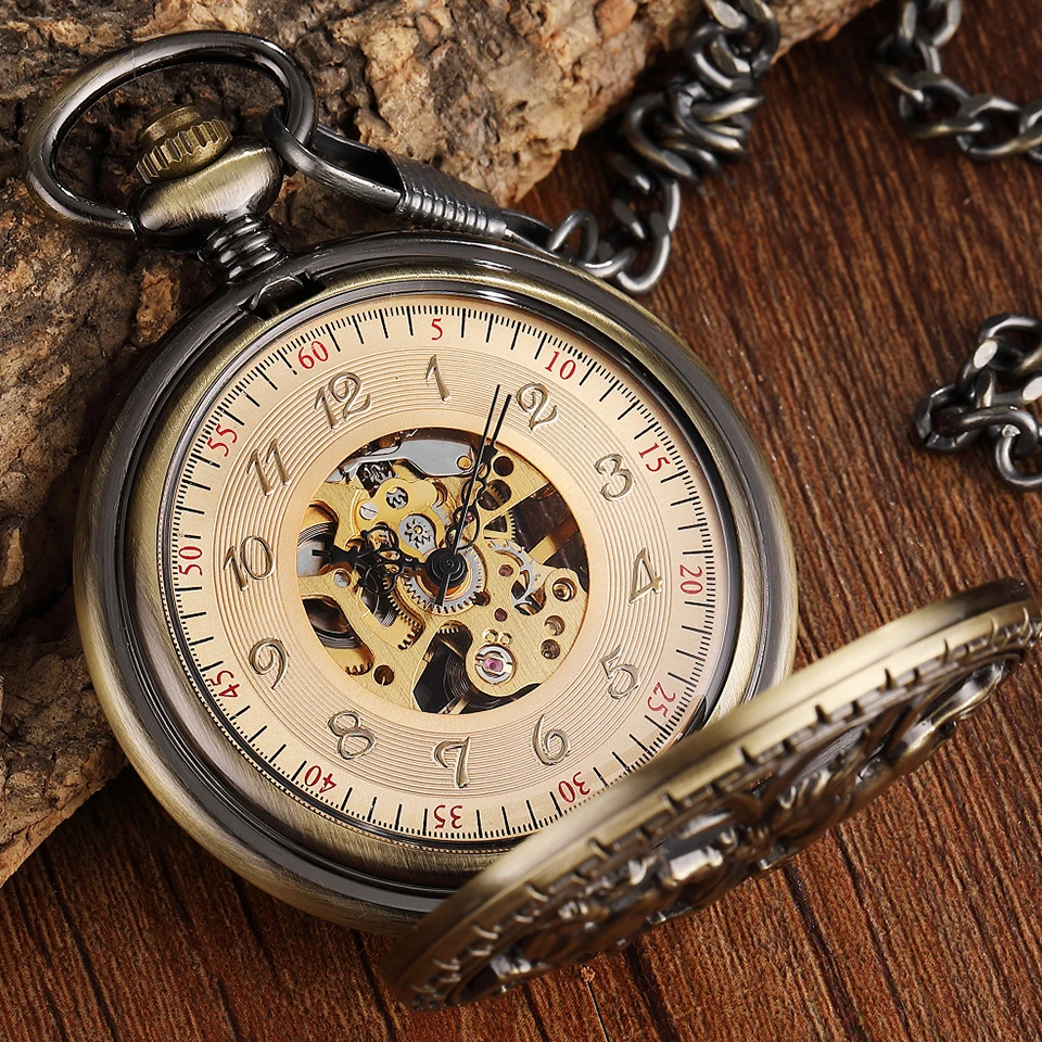 Goedkoop Retro Holle Paard Ontwerp Zakhorloge Mens Unieke FOB Ketting Romeinse Wijzerplaat Steampunk Brons Skeleton Mechanische Hand Wind Mannen Horloge