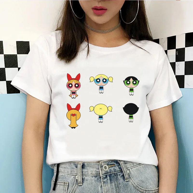 2020 New Summer Kawaii White Tops Powerpuff T Shirt Girls Harajuku Funny Cartoon Printed Cute T-shirts Women's Fashion Clothing