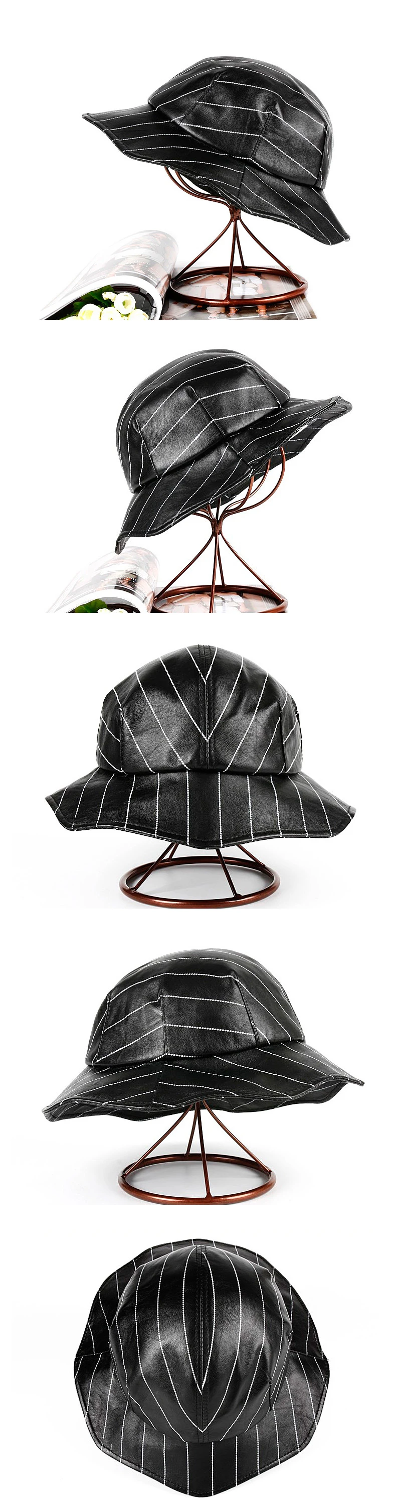 Waliicorners British Bud Shape Big Brim Basin Caps White Fisherman Top Fedoras Genuine Leather Hat For Women 11 描述4
