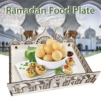 

Eid Mubarak Wooden Ramadan Food Dishes Pizza Dessert Tray Snack Dinner Set Tableware Decoration For Home DIY Party Supplies