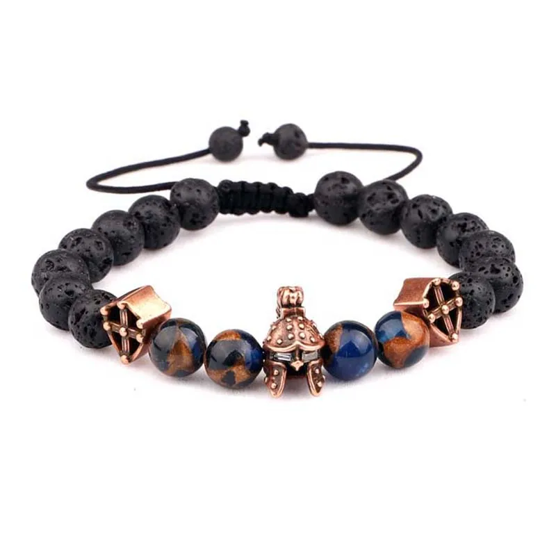 

New Unique Design Men Jewelry Bracelet Vintage Helmet Shield Charms Natural Stone Beads Macrame Bracelet Male