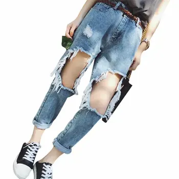 

Ripped Jeans for Women Loose Vintage Fashion Women High Waist Big Hole Tassel Frayed New Casual Jeans Plus Size