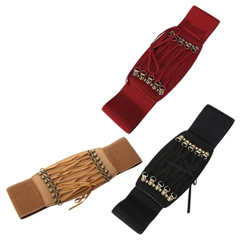 

Women's Rivet Elastic Buckle Wide Waist Belt Waistband (Black)