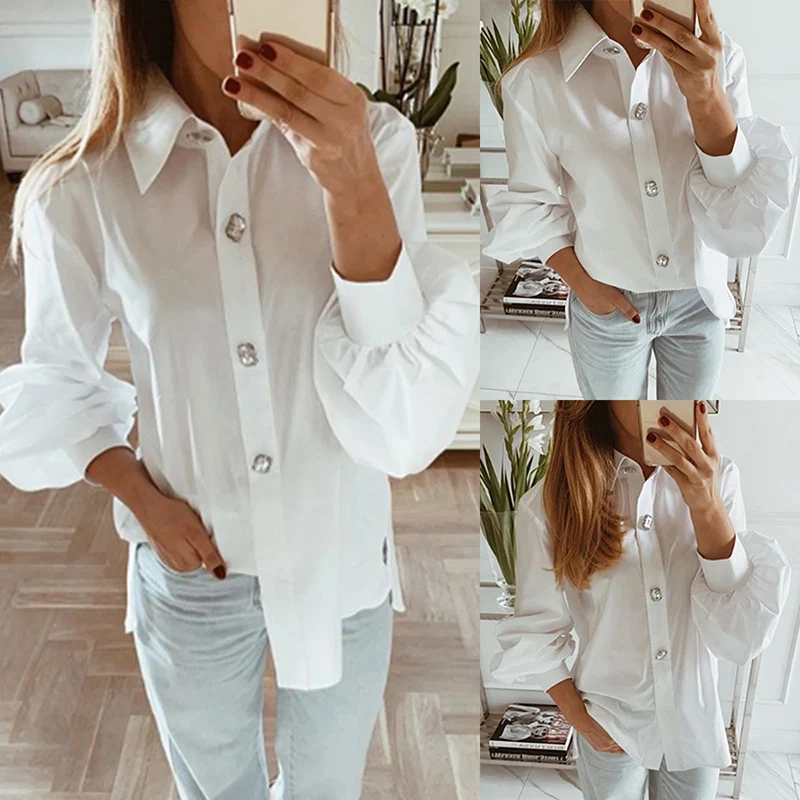 Женские блузки размера плюс,, белая рубашка с длинным рукавом и отворотом, офисные женские блузки, модная одежда, блузки, женские рубашки D30