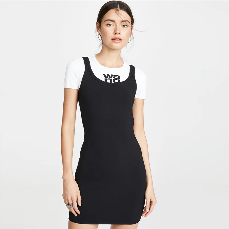 19ss AW King Mock двухсекционное платье с открытой спиной, трикотажное платье с коротким рукавом, черно-белая прошитая юбка-карандаш, Короткое облегающее платье
