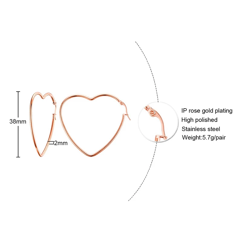 Розовое золото, очаровательные женские большие серьги-кольца в форме сердца, большие серьги из нержавеющей стали, Bohe, подарки на праздник