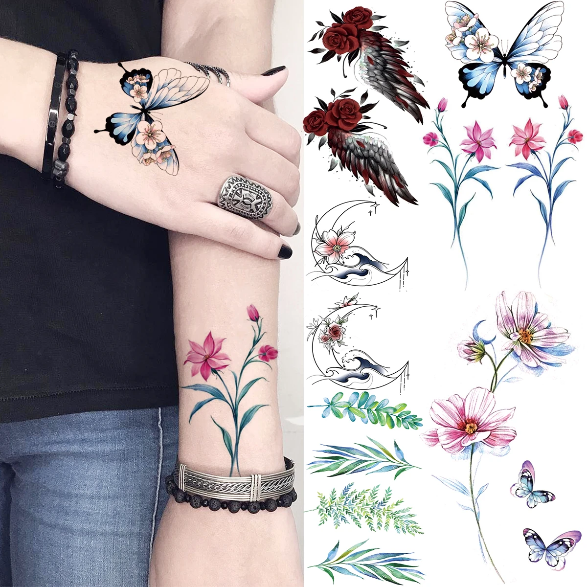 Tatouage Papillon Fleur De Lys Faux tatouages temporaires de papillon, fleur de lys, imperméable, pour  femmes, enfants, feuilles de lune, ailes, Art corporel | AliExpress