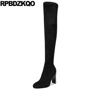 

Brand Black Thigh High Suede Slim Women Boots Rhinestone Chunky Shoes Over The Knee New Fetish Heel Extreme Tall Diamond Long