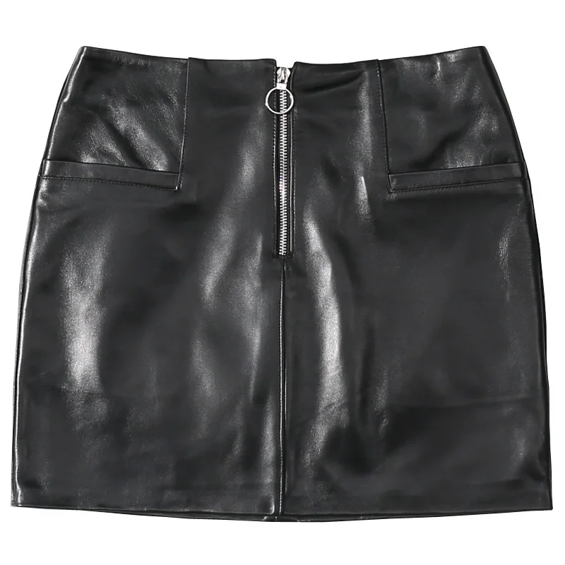 

2020 New Arrival Women Genuine Leather Black Mini Waist Zip Front Korean Ladies Fashion Design Skirts High Quality