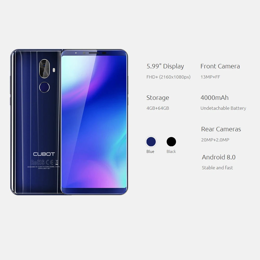 CUBOT X18 Plus смартфон с восьмиядерным процессором ОЗУ 4 Гб ПЗУ 64 ГБ 20 Мп + 2 МП 13