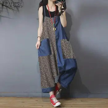 

ZANZEA Fashion Women Leopard print Jumpsuits Summer Patchwork Drop Crotch Rompers Casual Overalls Loose Strapps Dungarees Pants