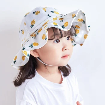 

Cute Sweet Ruffles Kids Girls Hat Summer Fruit Printed Fisherman Cap Sun Shield UV Protection Cap Baby Beach Hats