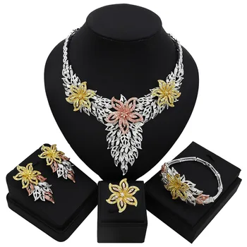 

TSROUND Three Tones Hibiscus Flower Design Dubai Zircon African Statement Bijoux Inoxydable Femme Nigerian Bridal Necklace