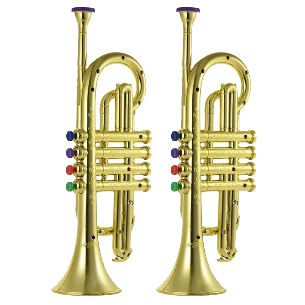 

2 Pieces Kids Plastic Trumpet Horn Wind Instrument With 3 Colored Keys Gold