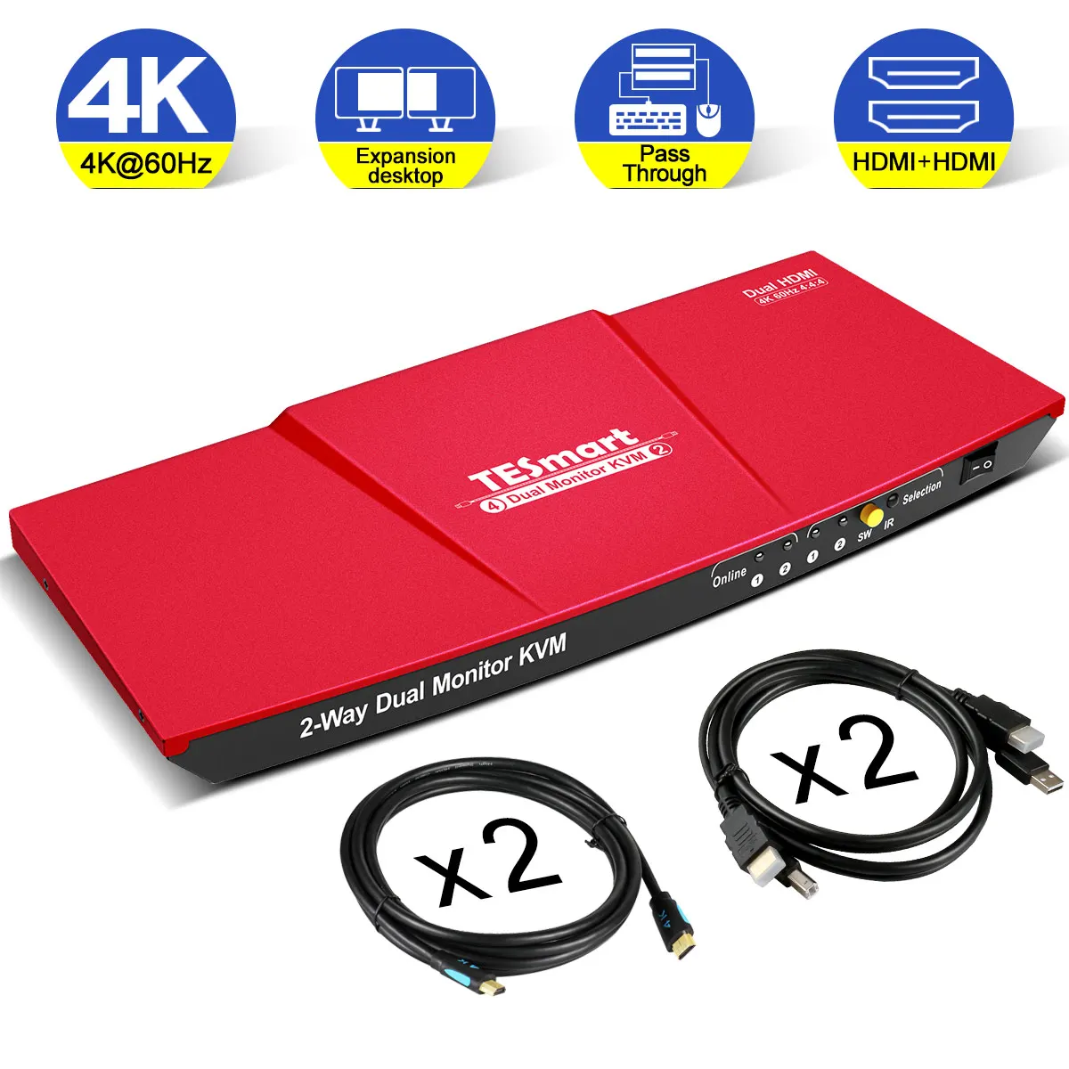 kvm switch USB 2.0 TESmart 2x2 HDMI+HDMI Dual Monitor KVM 4K60Hz 444