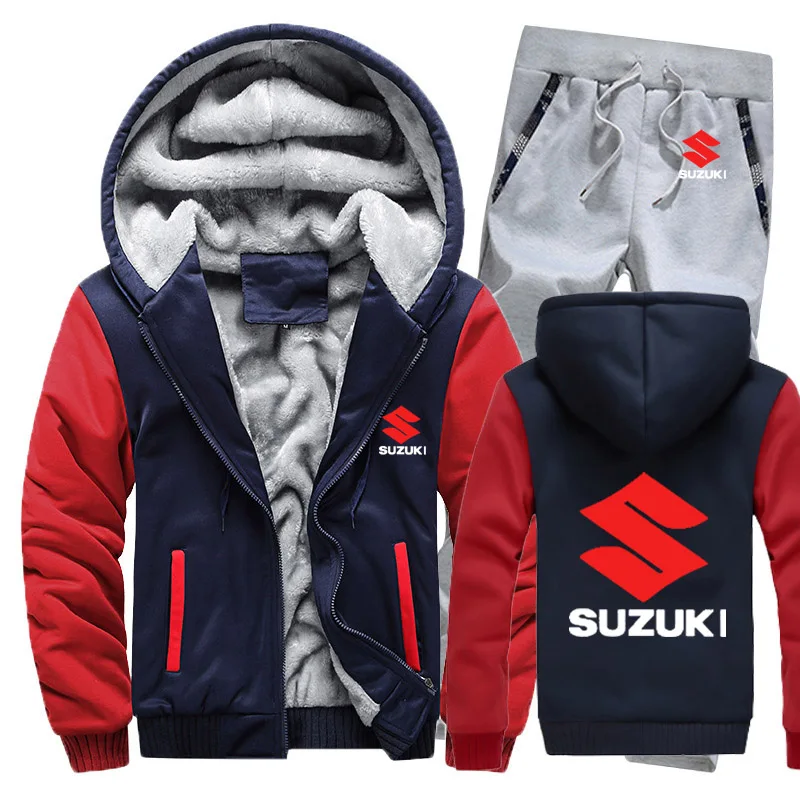 Мужские толстовки с капюшоном с логотипом Suzuki, мужские толстовки с капюшоном, зимний утепленный флисовый хлопковый спортивный костюм на молнии, мужская куртка+ штаны, комплекты из 2 предметов - Цвет: 802