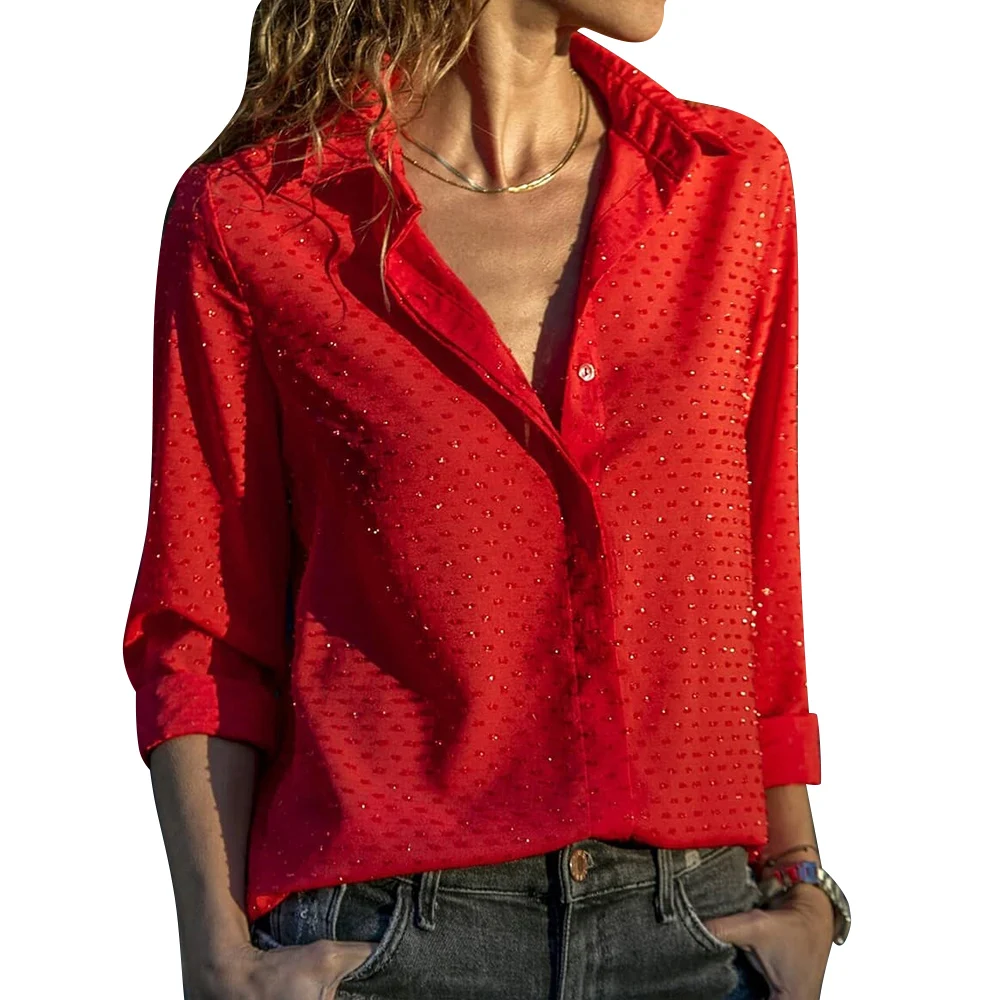 

2019 Autumn Women Shirts Blouses Long Sleeve Turn-Down Collar Red Ladies Chiffon Blouse Tops OL Office Shirt Chemise Femme D30