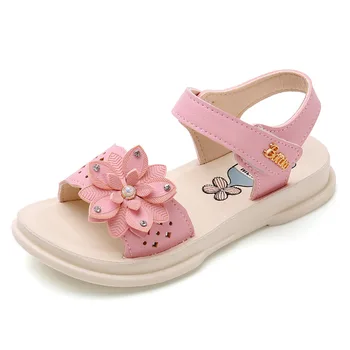 

2020 Summer Fashion Leather Flowers Rhinestone Empty Girls Childrens Soft Bottom Big Kids Princess Sandals Student Beach Shoes