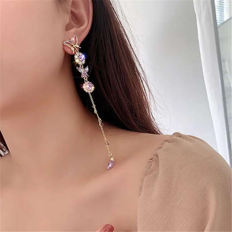 FYUAN Beautiful Butterfly Drop Earrings for Women Long Tassel Purple Crystal Earrings Weddings Engagement Jewelry Gift