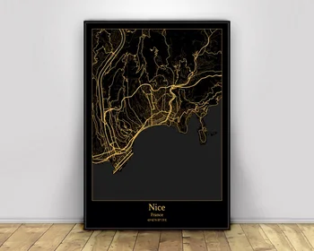 

Nice France Black&Gold City Light Maps Custom World City Map Posters Canvas Prints Nordic Style Wall Art Home Decor