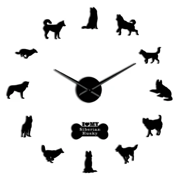 

Siberian Husky Russian Dog Breed Diy Large Wall Clock Sibirskiy Haski Self Adhesive Sticker Diy Giant Wall Art Home Decor Watch
