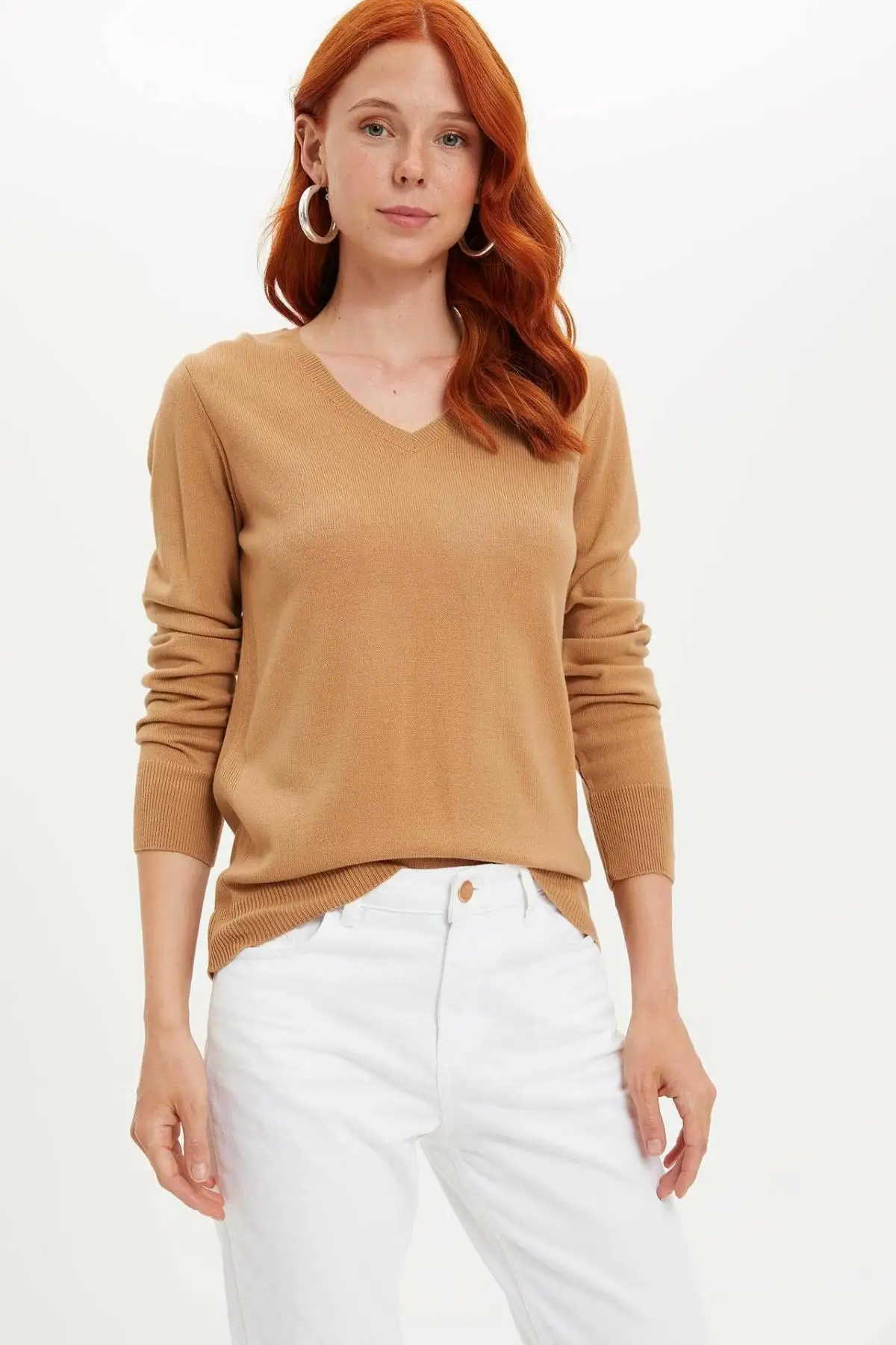 

DeFacto Autumn Women Pure Color Soft Pullover Nude Red Casual Slim Knitted Sweater V-Neck Female Tops Long Sleeve-F7088AZ19AU