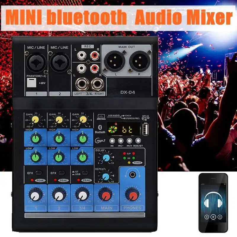 

Professional 4 Channel Audio Mixer Mini Portable bluetooth Mixer Karaoke 48V Amplifier for KTV Party Live Performance