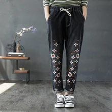 Весна осень художественный стиль для женщин эластичный пояс хлопок деним повседневные шаровары Винтаж Вышивка свободные черные джинсы S566