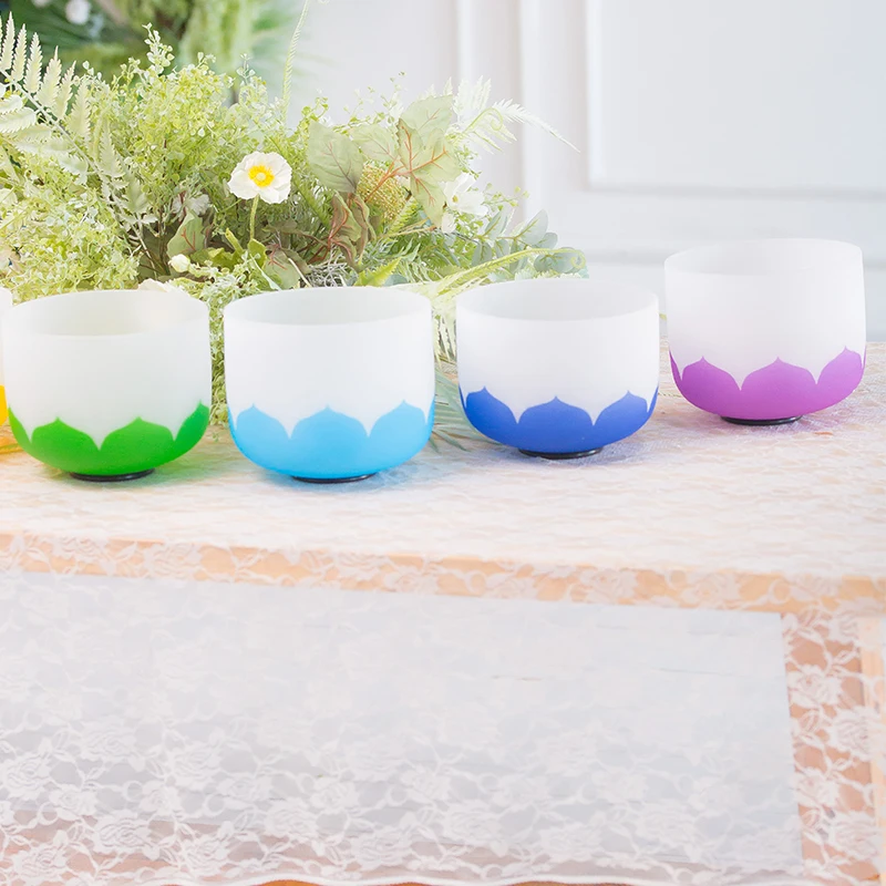 One set of 7pcs 6"-12" Frosted Quartz Crystal Singing Bowl with Lotus Chakra design | Спорт и развлечения