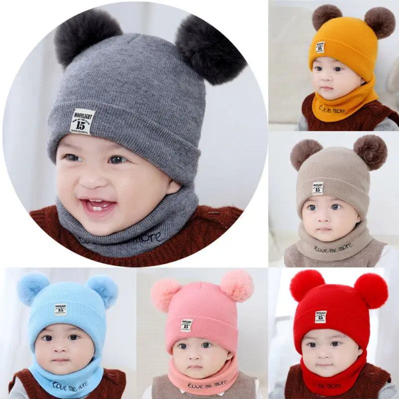 Милая От 0 до 3 лет, зимняя теплая вязаная шапка для новорожденных и маленьких девочек и мальчиков, вязаная шапка с помпонами, плюшевый шарф, комплект из 2 предметов