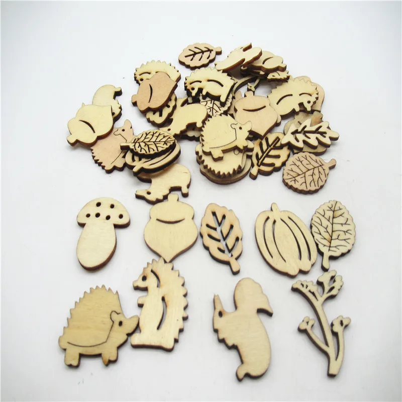 20/50pcs 3cm natural wooden cut out Plant animal mixed nut leaf squirrel hedgehog Scrapbooking Handmade Carft decoration diy | Дом и сад