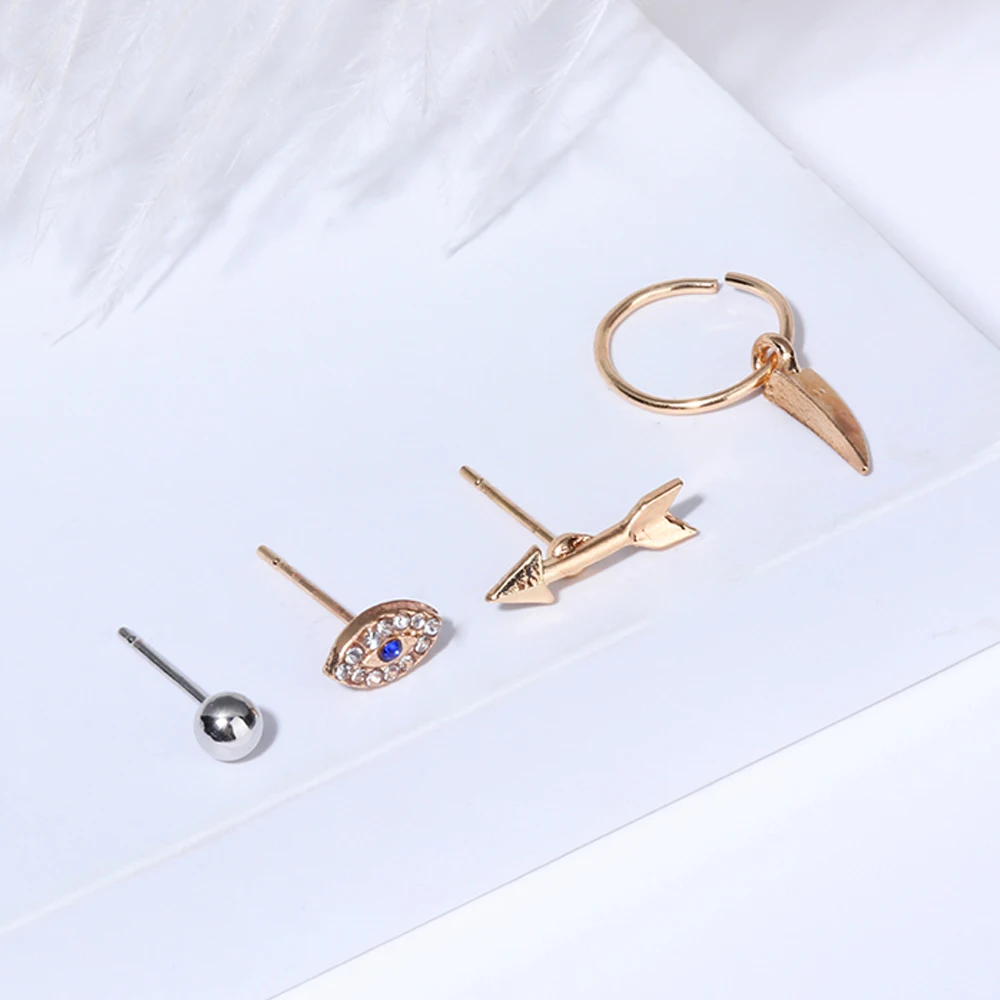 

4PCs/Set New Bohemian Arrow Eye Ear Studs Earrings Women Hoop Ear Cuff Ear Tiny Ear Bone Piercing Unique Round Bead Earrings