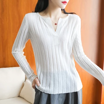 

Spring and summer new wool sweater female V-neck pullover long sleeve solid color casual wild pit knit bottoming cashmere swe