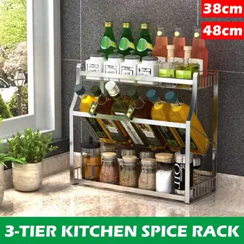 

3-Tier 38CM/48CM Multifunctional Kitchen Spice Rack Stainless Steel Countertop Jars Bottle Organizer Shelf Storage Holder