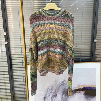 

Women Sweater Rainbow Striped Mohair Wool Blend Turtleneck Sweater
