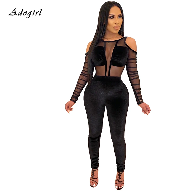 Сексуальный прозрачный сетчатый лоскутный бархатный комбинезон женский