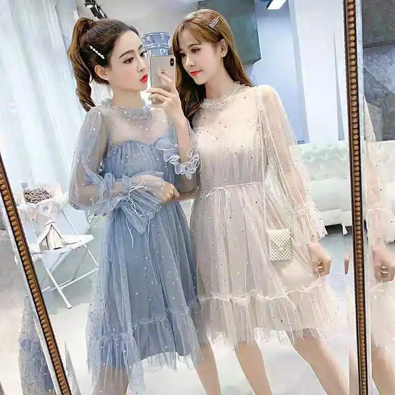 2020 New Spring Long Sleeve Perspective Dress Women Lace Mesh Ruffles Knee-length Elastic Waist Sequin Dress Elegant Dress K286
