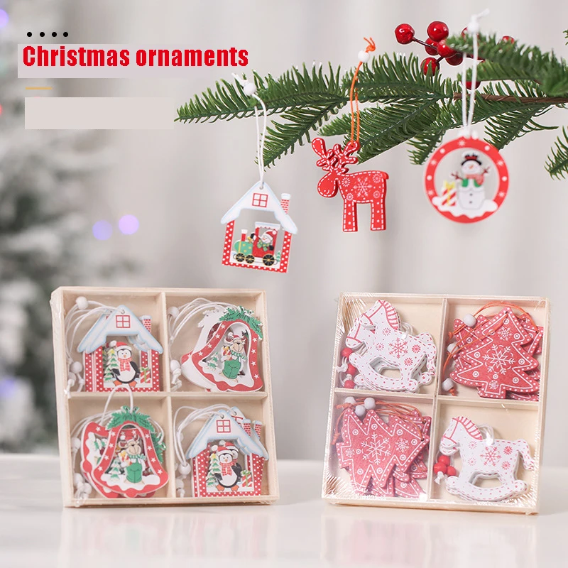 

12 шт. рождественские украшения, Деревянная Рождественская Маленькая подвеска, украшение для рождественской елки, подарок, изысканная деревянная коробка, окрашенная подвеска