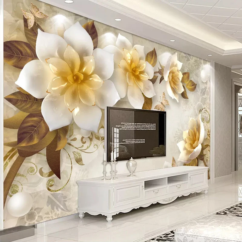 

Drop Shipping Custom Mural Wall Painting European Style 3D Stereoscopic Embossed Golden Flower Wallpaper Decoration