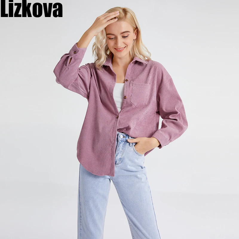 Green Blouse Shirt Tops Long-Sleeve Lizkova Vintage Corduroy Spring Blusas Harajuru 8867