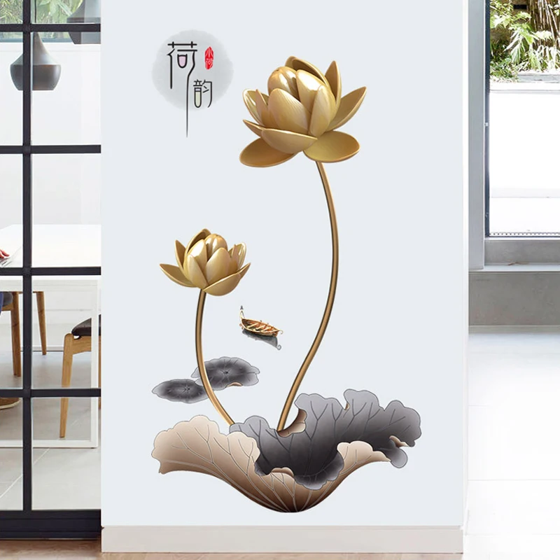 

120*65cm DIY Vintage 3D Lotus Flower Vinyl Wall Sticker Living Room Decoration Modern Chinese Style Home Decor Wallpaper Posters